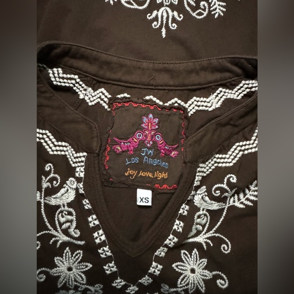 Johnny Was Tunic Blouse Embroidered Floral Birds Quarter Sleeve Cotton Brown XS - Picture 9 of 9